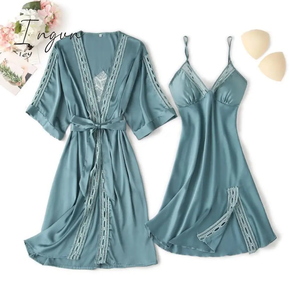 Ingvn - Lace Trim Sexy Wedding Lady Robe Suit Loose Satin Bride Bridesmaid Kimono Bathrobe Gown Mini Sleepwear Rayon Intimate Lingerie