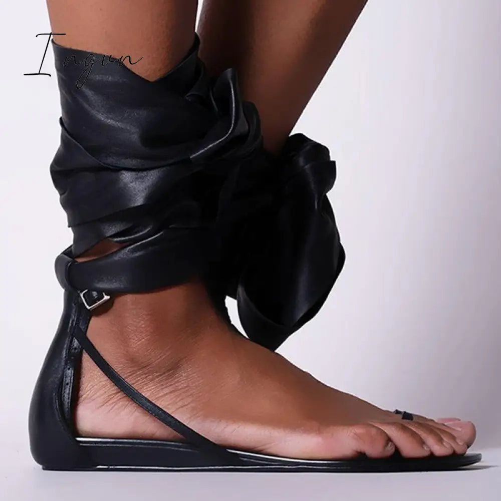 Ingvn - Women Gladiator Thong Summer Ankle Wrap Flat Sandals
