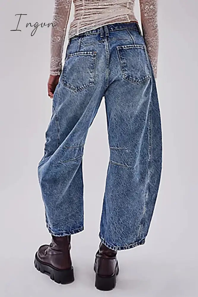 Ingvn- Casual Vintage Solid Pocket Without Belt Mid Waist Loose Denim Jeans(No Belt)