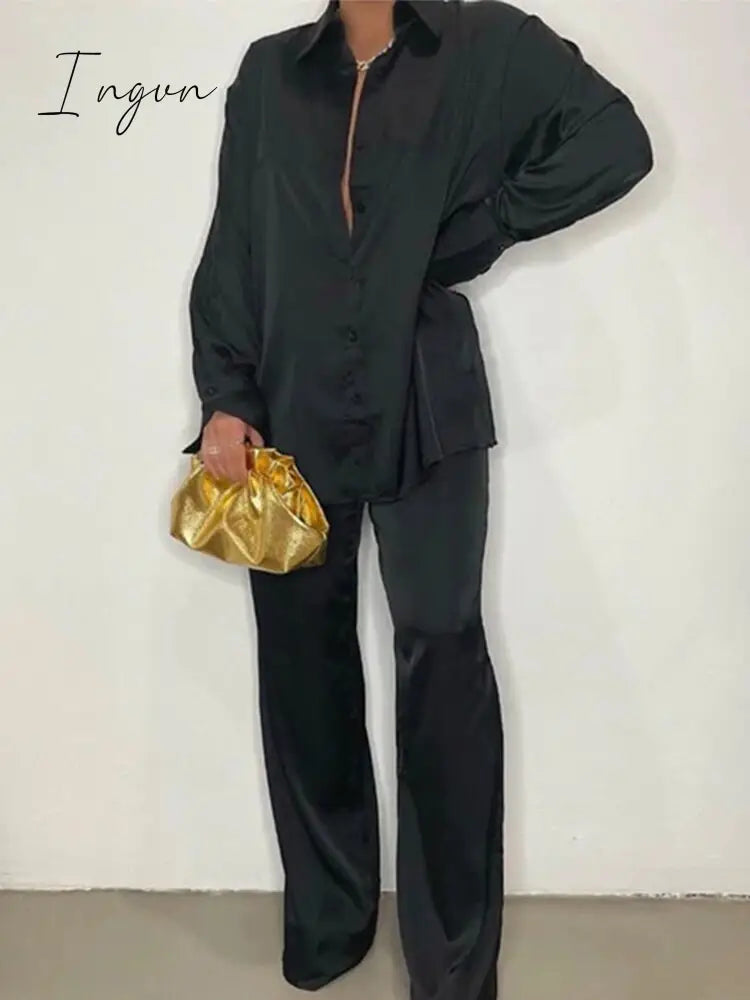 Ingvn - Women Elegant Satin Two Piece Sets Casual Feamle Solid Loose Outfits Long Sleeve Shirt And Wide Leg Straight Pants Suits