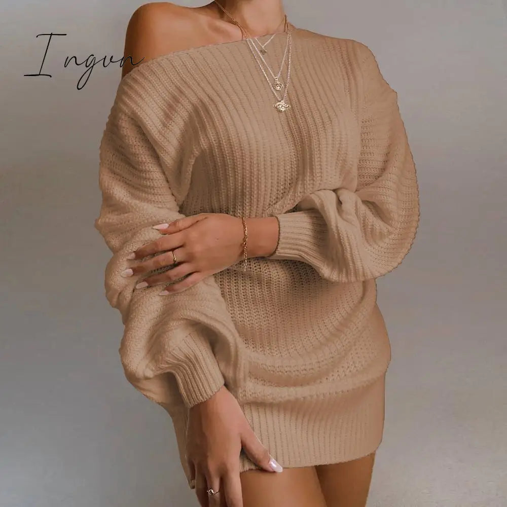 Ingvn - The hottest ladies casual off-shoulder lantern sleeve knitted sweater dress