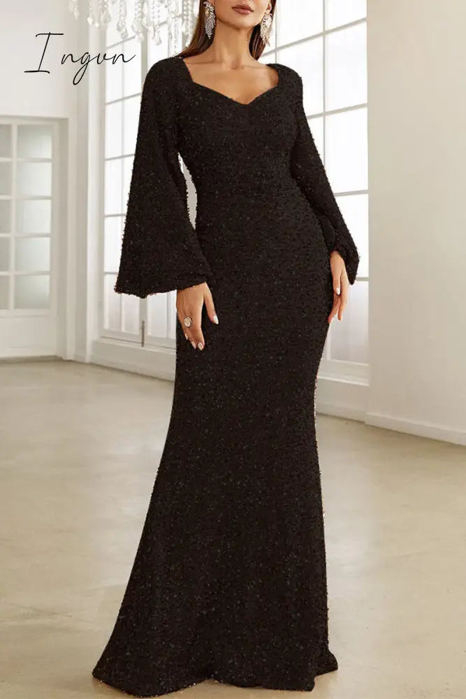 Ingvn - Elegant Formal Solid Sequins V Neck Evening Dress Dresses