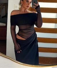 Mesh Ruched Women Maxi Dress Sexy See Through Off Shoulder Long Sleeve Sheath Vestidos Female Midnight Party Solid Robe