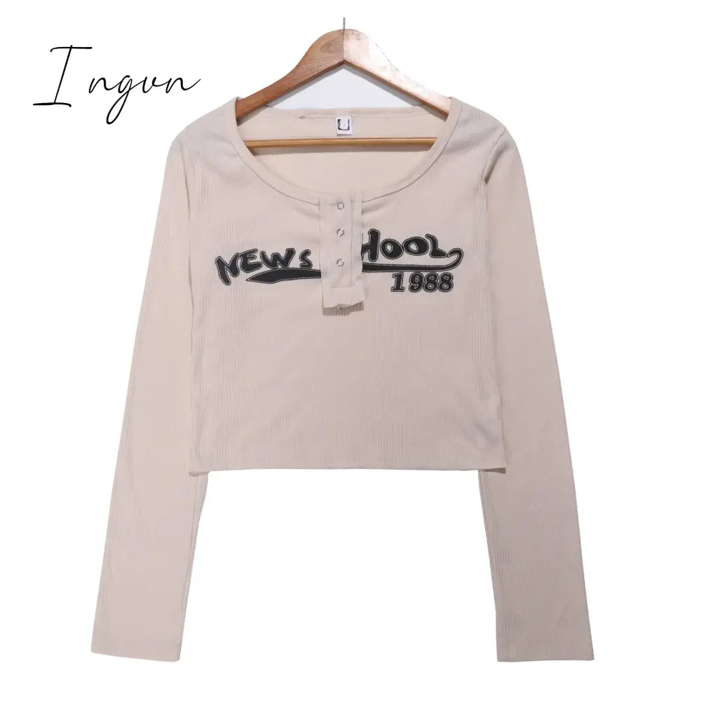 Ingvn - Retro Graffiti Print Elastic T Shirt Women Sexy Slim Crop Top Ribbed Long Sleeve O-neck Tops Grunge Tee Ladies Y2K streetwear