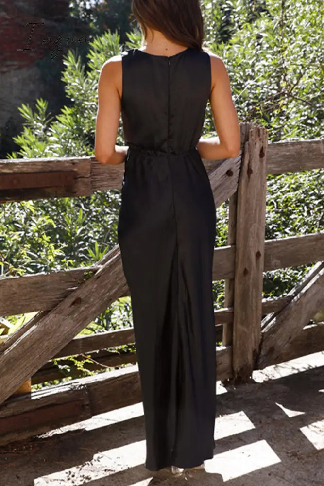 Ingvn- Sexy Formal Solid Fold V Neck Evening Dress Dresses