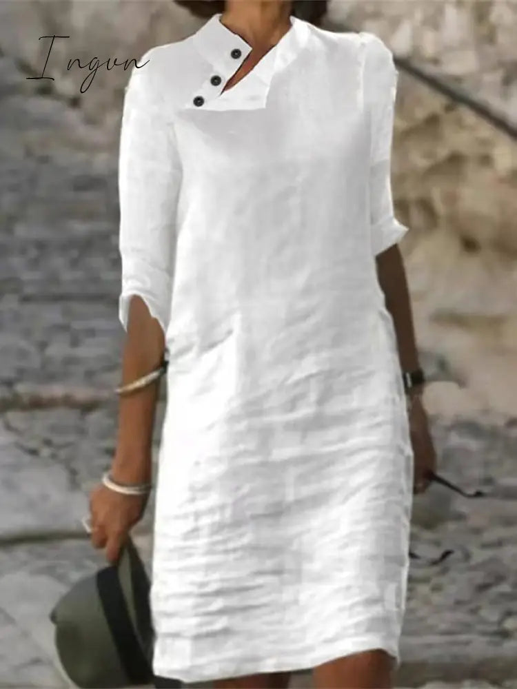 Ingvn - Women's Cotton Linen Dress Casual Dress Shift Dress Midi Dress Cotton Blend Fashion Basic Outdoor Daily Vacation Stand Collar Button Half Sleeve Summer Spring 2023 Black White Blue Plain S M L