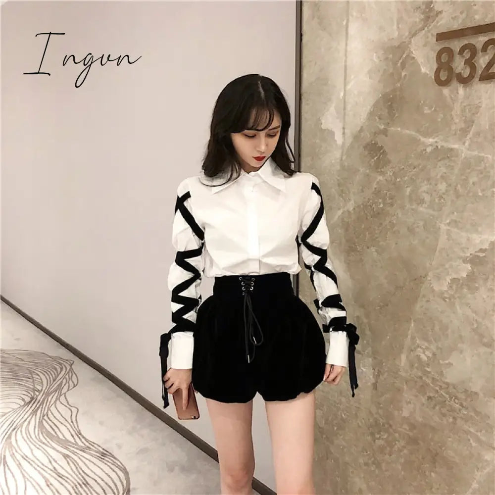Ingvn - Womens Fashion Casual Office Lady Female Blous Long Sleeve Shirt Women Stitching Black Ribbons Spring Top Blouse 16W057