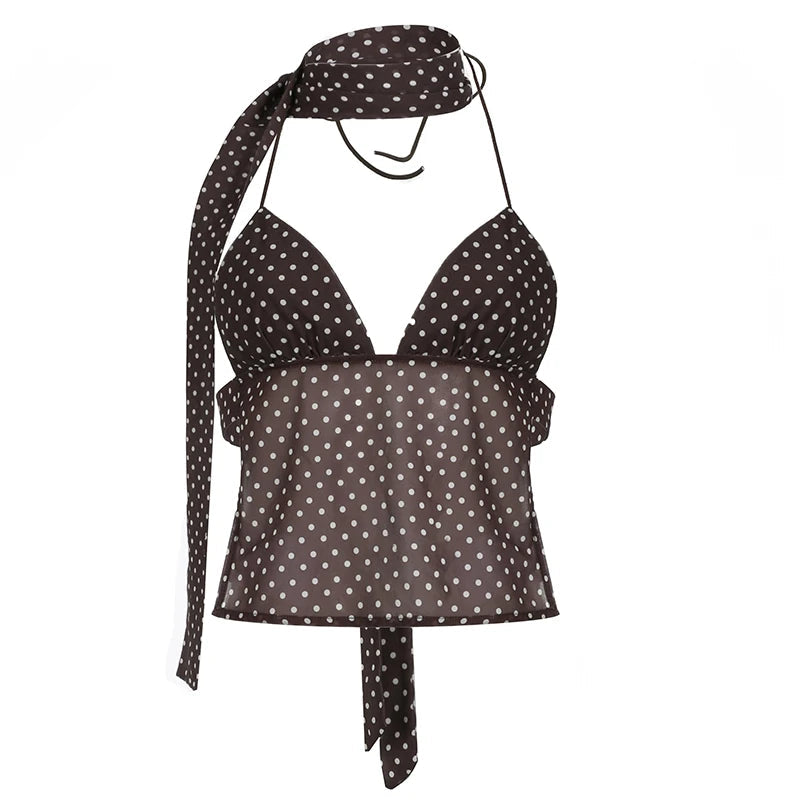 Cute Print V Neck Halter Crop Top with Scarf Women Casual Sleeveless Backless Bandage Strap Top Sexy Party Clubwear Camis