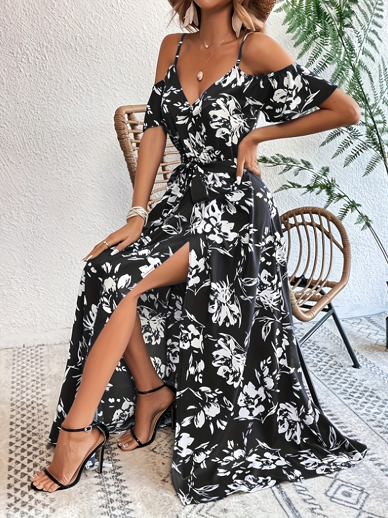 Vibrant Floral Print A-Line Dress - Cold Shoulder, Belted, Split Sleeveless, Elegant, Comfortable, Spring & Summer Essential - Women's Clothing, Perfect for Outdoor Activities