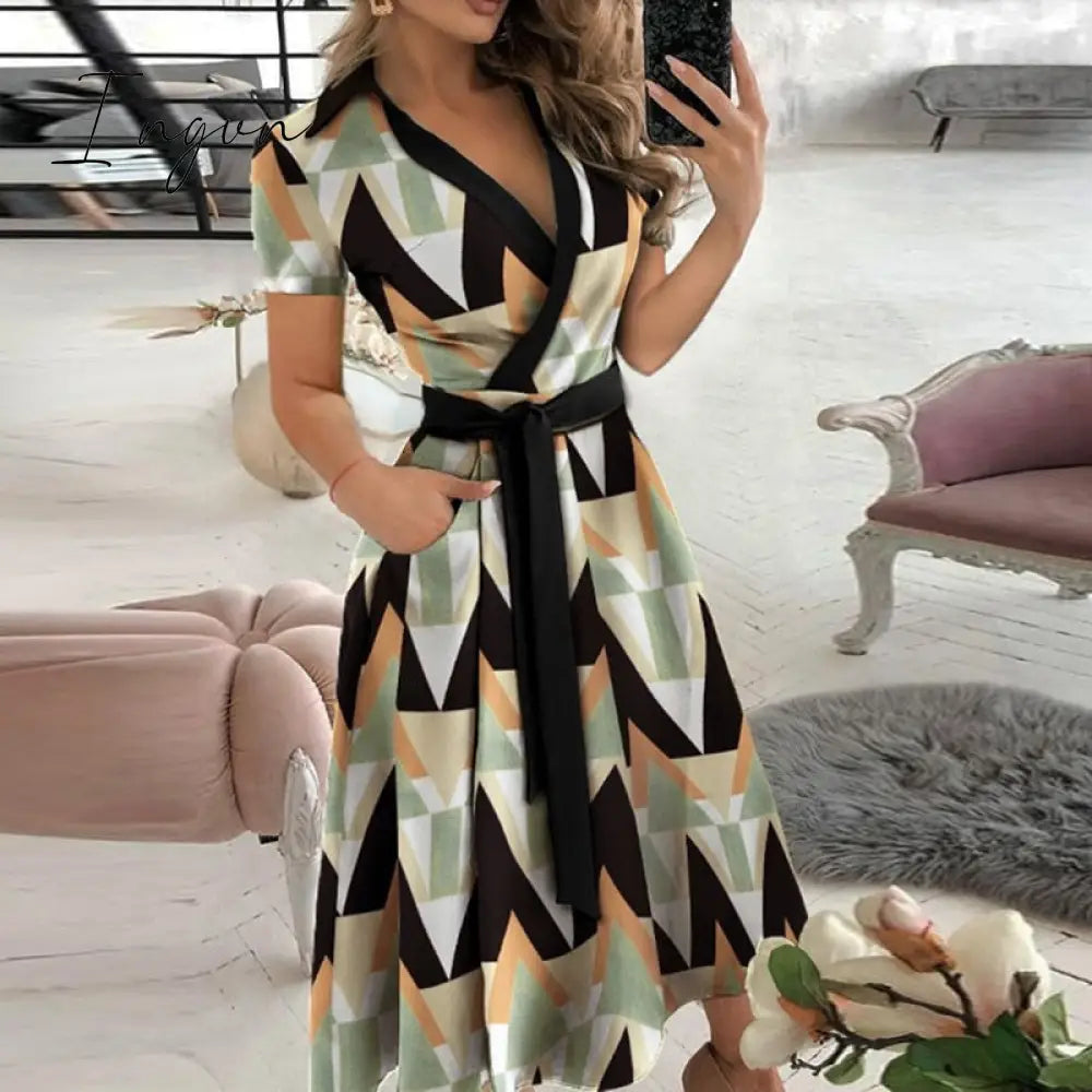 Ingvn - v neck long sleeve spring summer printed dress