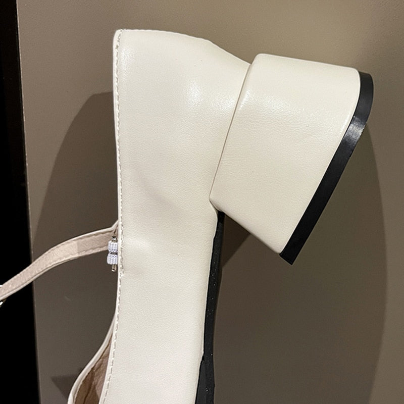 Rimocy Silver Thick Heels Mary Jane Shoes Women Buckle Strap Square Toe Pumps Woman Med Heele Patent Leather Shoes Female