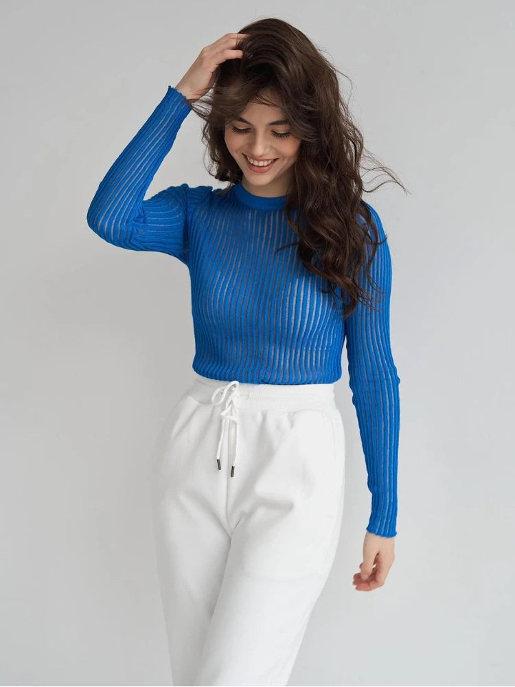 Ingvn  Fashion White Elegant Striped See Through Women Tops Outfits Long Sleeve T-Shirts Tees Skinny Club Party Clothes