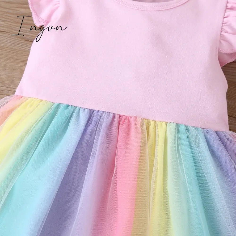 Ingvn - New Summer Baby Girls Tutu Dress Children Party Little Girl Kids Clothes Flying Sleeve Princess Rainbow Patchwork Outfits Dress