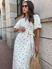 Ingvn  Women's V-neck Short Sleeve Floral Printed Cotton Dress Fashion Streetwear  High Waist Bandage A-line Long Holiday Dresses