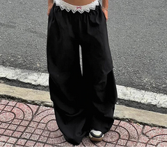 Contrast Lace Stitching Wide Leg Pants Streetwear y2k Low Rise Loose Black Trousers for Women Korean Fashion Baggy Capris