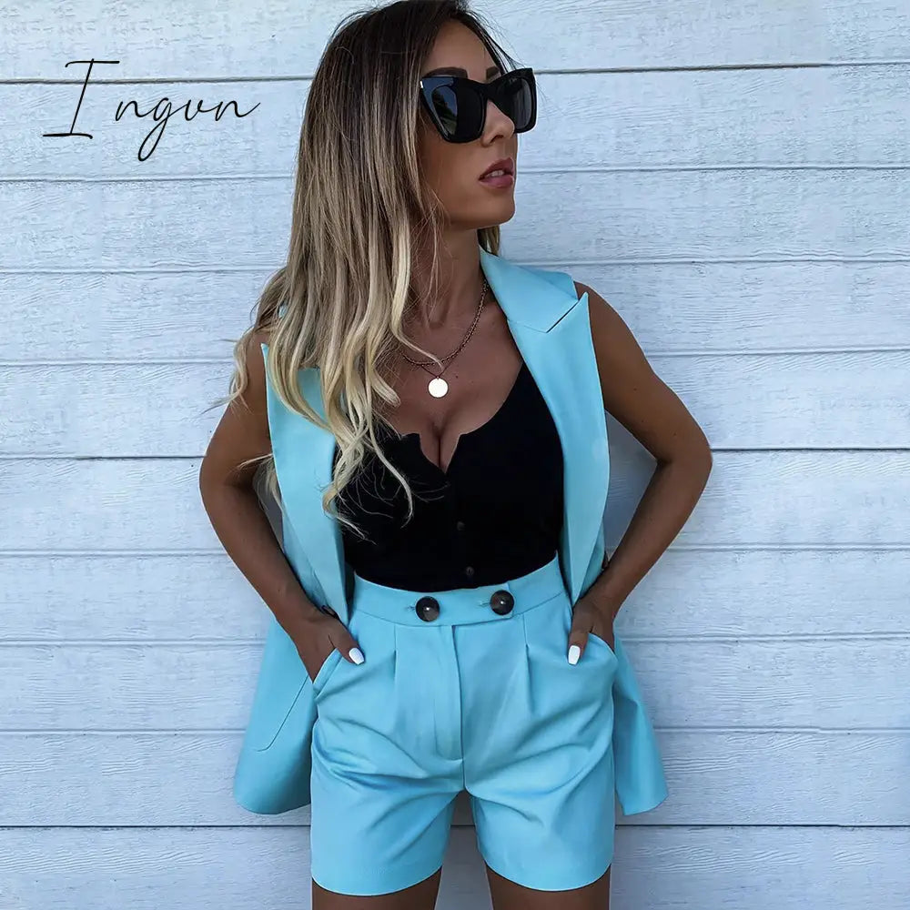 Ingvn - Women Sleeveless plaid button up elastic waist Blazer Top and pocket short Set Elegant Office Ladies Suits Women Workwear