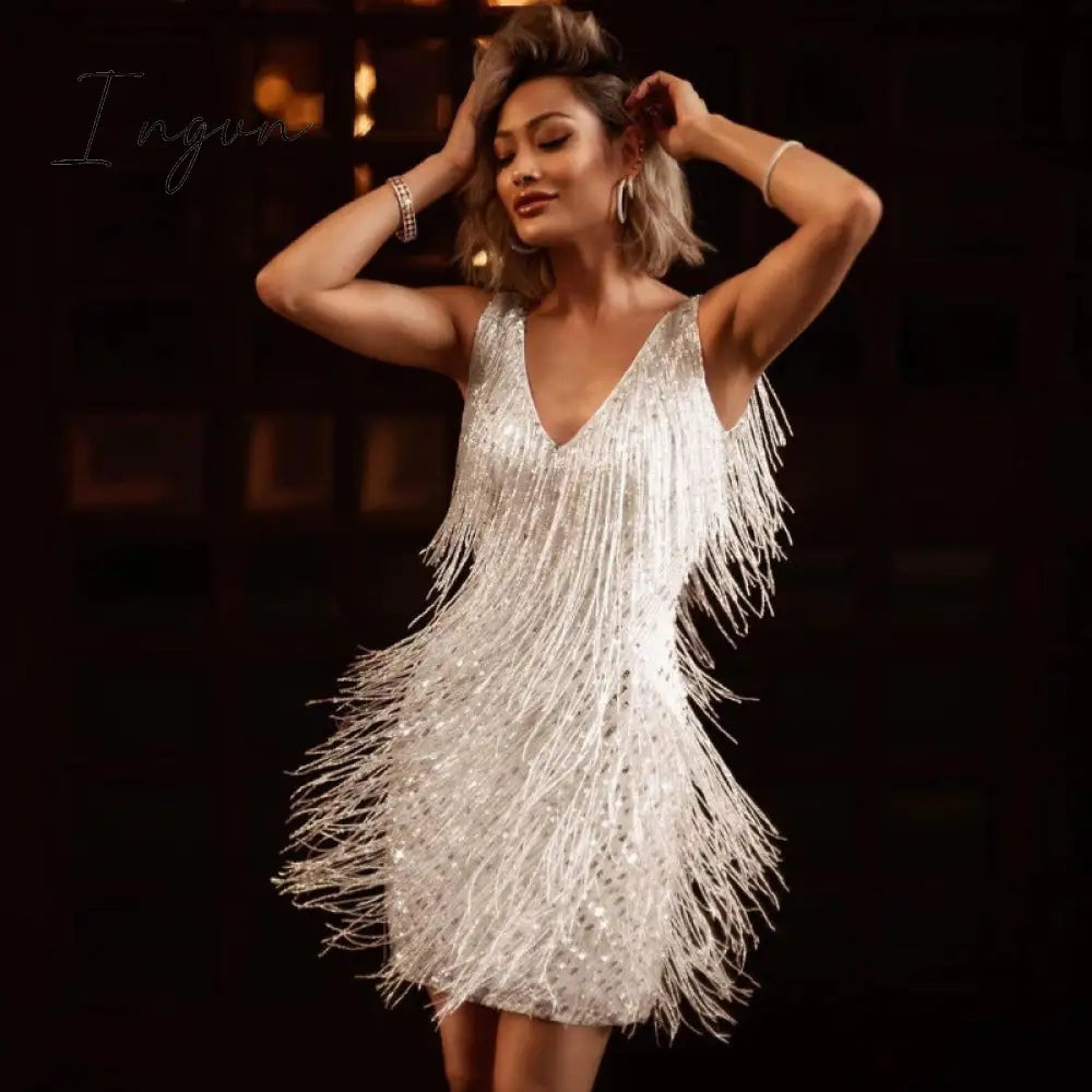 Ingvn - Sexy Deep V Sleeveless Tassels Mini Dress Women Glitter Night Clubwear Party Prom Evening Bodycon Dresses Femme Vestidos Summer