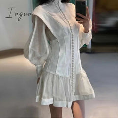 Ingvn - High-end Custom Fashion runway Dresses Stereoscopic cut slender button with bubble sleeves ladies dress