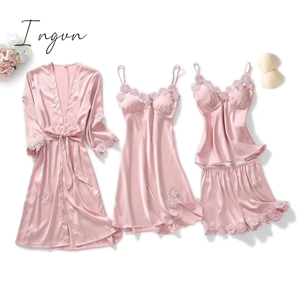 Ingvn - Yellow Robes Suit Autumn Women Nightgown Sets 2 Pieces Nightdress Bathrobe With Chest Pad Female Satin Kimono Bath Gown Sleepwea