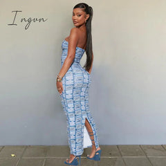 Ingvn - Women Print Off-shoulder Sleeveless Maxi Dress 2023 Summer Elegant Strapless Bodycon Cocktail Party Sundress Beach Streetwear