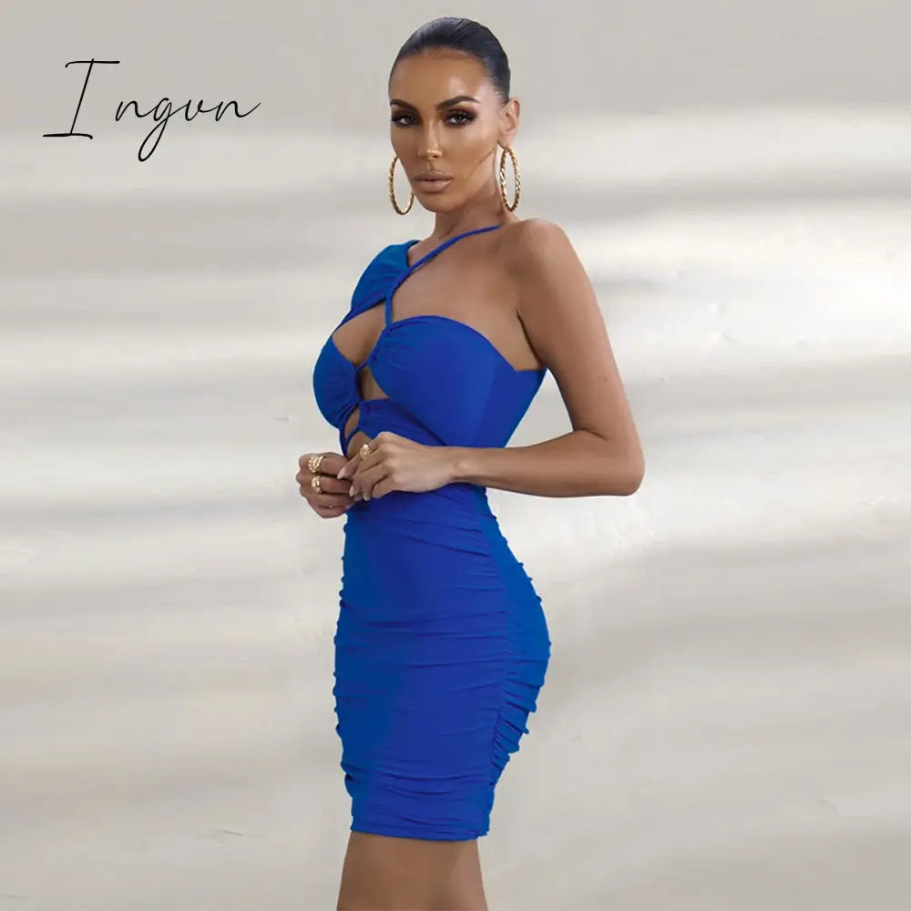 Ingvn - European-American Style Women's Pleated Buttocks New Sexy One-Shoulder Bra Long-Sleeved V-Neck Cut-Out Dress