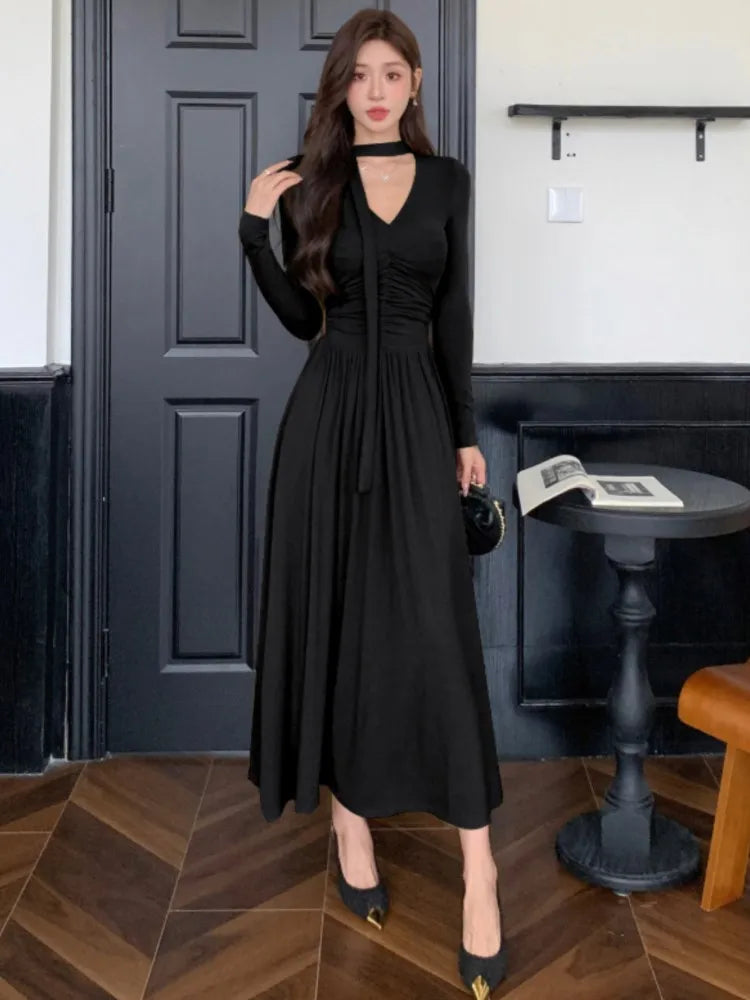 Elegant Solid Pleated Knitted Dress for Women Autumn V-Neck Long Sleeve Slim Party A-Line Chic Vestidos Female Evening Dresses
