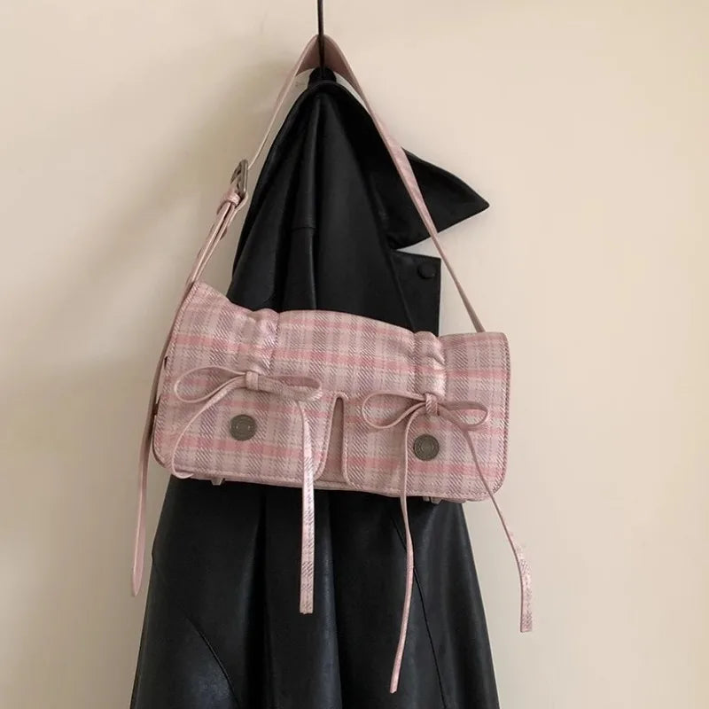 INGVN   Plaid Pink Women Shoulder Bag Pleated Casual Sweet Cute New Fashion Leather Handbag Literary Exquisite Designer Armpit Bag