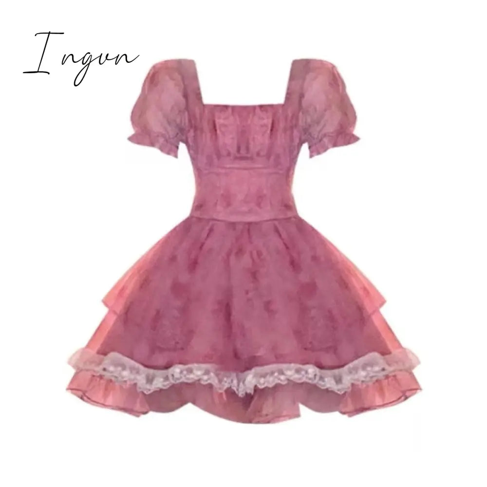 Ingvn - Pink Floral Short Party Dress Sexy Lace Puff Fairy Kawaii Clothing Mini Dress Fashion Birthday Lolita Dress Women Summer 2023