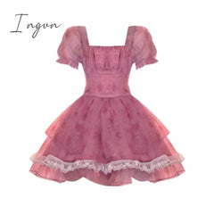 Ingvn - Pink Floral Short Party Dress Sexy Lace Puff Fairy Kawaii Clothing Mini Dress Fashion Birthday Lolita Dress Women Summer 2023