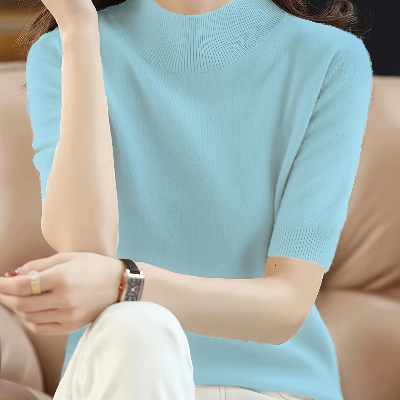 Premium Soft Knit Womens Sweater - Chic Mock Neck, Short Sleeve Pullover - Stylish & Elegant Wardrobe Staple