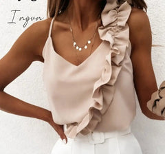 Ingvn - Muyogrt Women Summer Blouse Shirts Sexy V Neck Ruffle Blouses Backless Spaghetti Strap Office Ladies Sleeveless Casual Tops