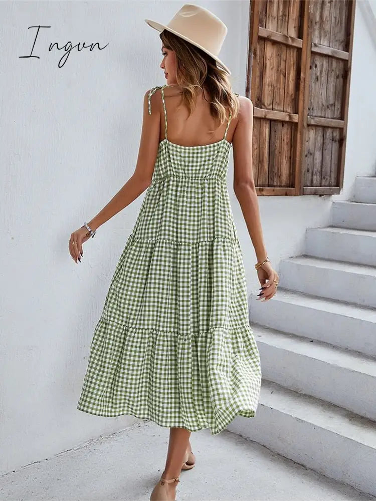 Ingvn - Ladies Vintage Boho Plaid Summer Dress Women Sexy Backless Casual Ruffles Party Beach Sundress Women Dress Robe Vestidos Female
