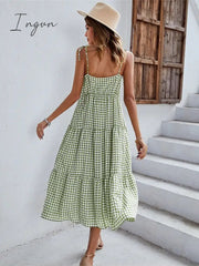 Ingvn - Ladies Vintage Boho Plaid Summer Dress Women Sexy Backless Casual Ruffles Party Beach Sundress Women Dress Robe Vestidos Female