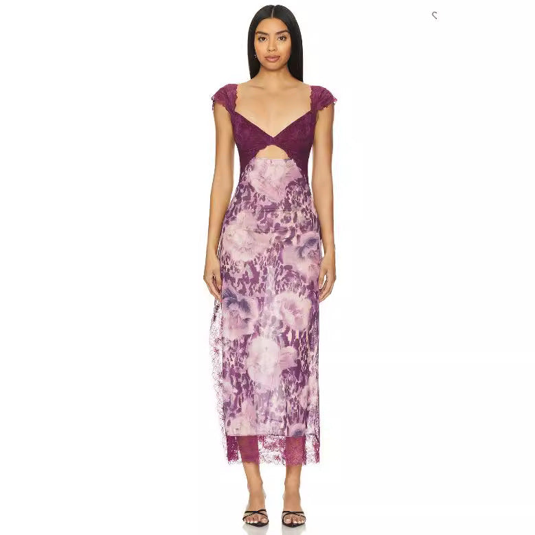 Summer New  Lace Backless Shoulder Strap Stitching Vented Color Long dress Women's Clothing