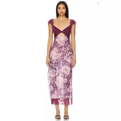 Summer New  Lace Backless Shoulder Strap Stitching Vented Color Long dress Women's Clothing
