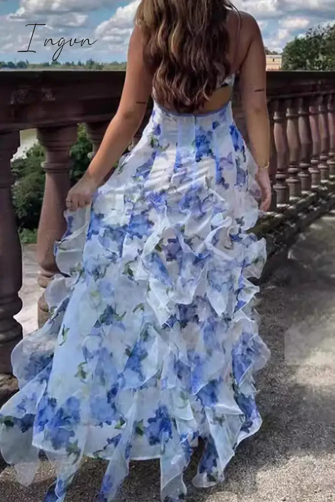Ingvn - Sexy Not Positioning Printed Flowers Patchwork Flounce V Neck Sling Dresses