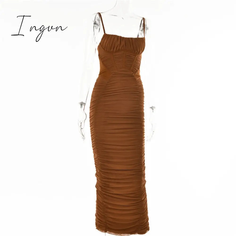Ingvn - Summer Woman Dress Ruched Maxi Dress Bodycon Mesh Sexy Dress Stretchy Spaghetti Strap Dresses Elegant Long Evening Party Dresses