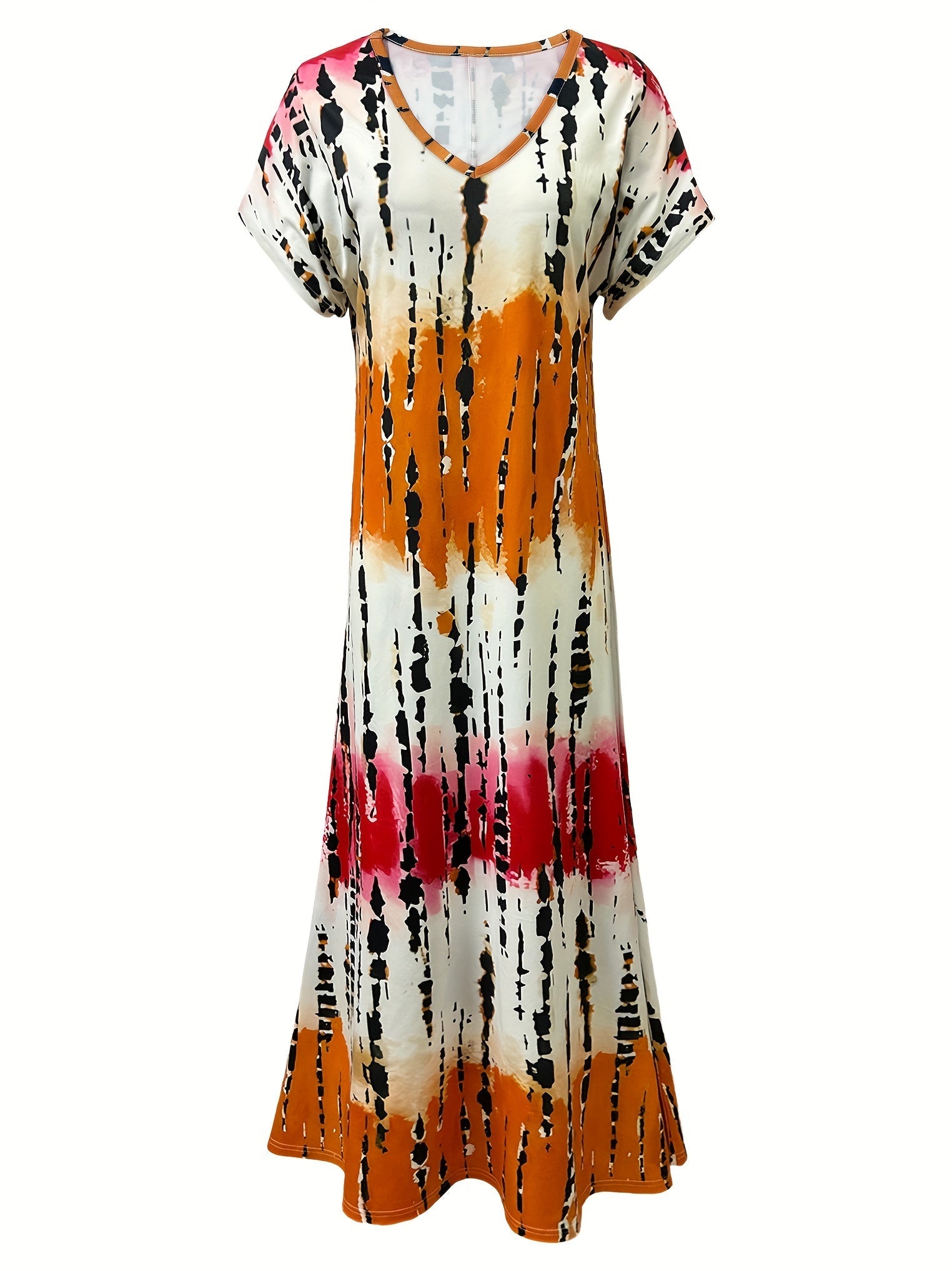 Tie Dye V-neck Dress, Elegant Split Short Sleeve Dress For Spring & Summer, Women's Clothing