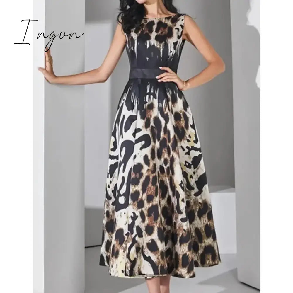 Summer Women Fashion Elegant Casual Midi Dress Sleeveless A-Line Leopard Print Vintage Party Clothes Female Chic Vestidos Robe