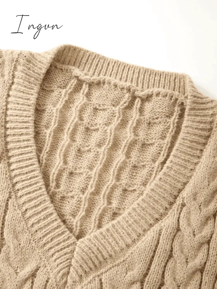 Ingvn - V Neck Cable Knit Long Sleeve Mini Dress