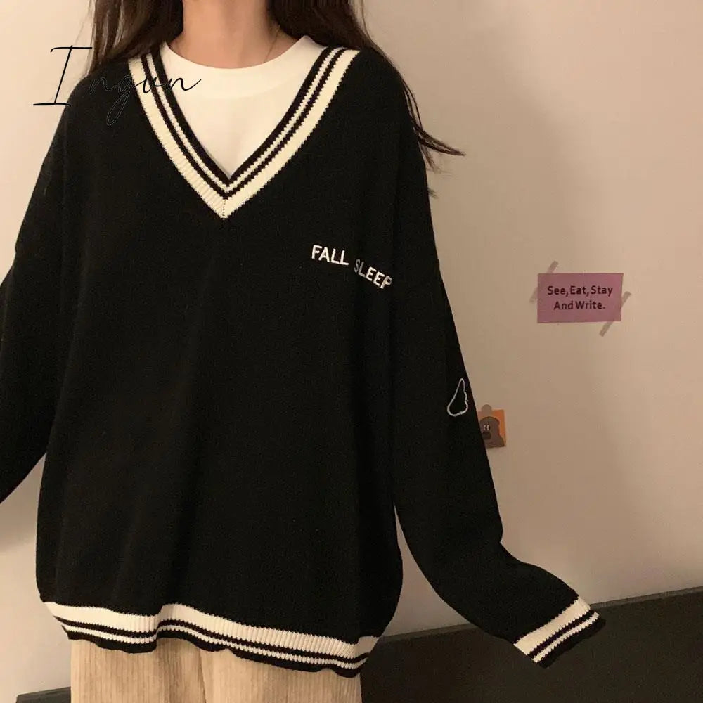 Ingvn - 2023 Fashion Trends Sweaters Women Ulzzang Letter Chic Vintage V-neck Daily Oversize Preppy Girls Knitwear Fall Casual All-match Ins Womens Sweater