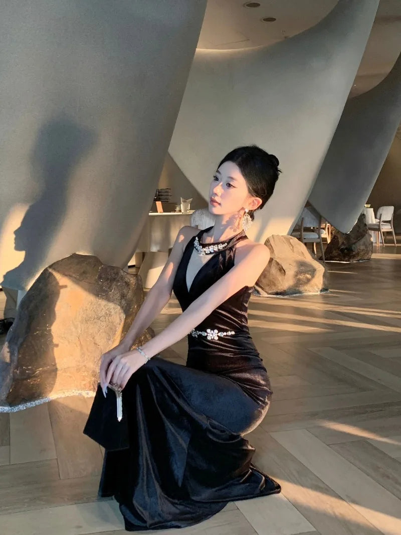 Vintage Luxurious Evening Wedding Party Black Long Dresses for Women Elegant Bodycon Mesh Patchwork Velvet Prom Female Clothing