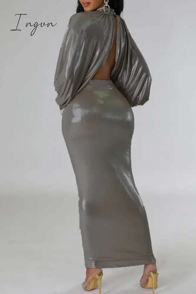 Ingvn - Sexy Street Solid Patchwork Fold O Neck Long Sleeve Two Pieces