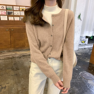 Cashmere Sweater Cardigan Women Single Breasted Long Sleeve Elegant Vintage Jumper Solid Wool Knitted Autumn Winter Outwear