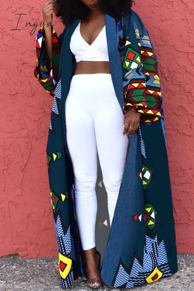 Ingvn - White Casual Street Print Patchwork Cardigan Collar Plus Size Overcoat