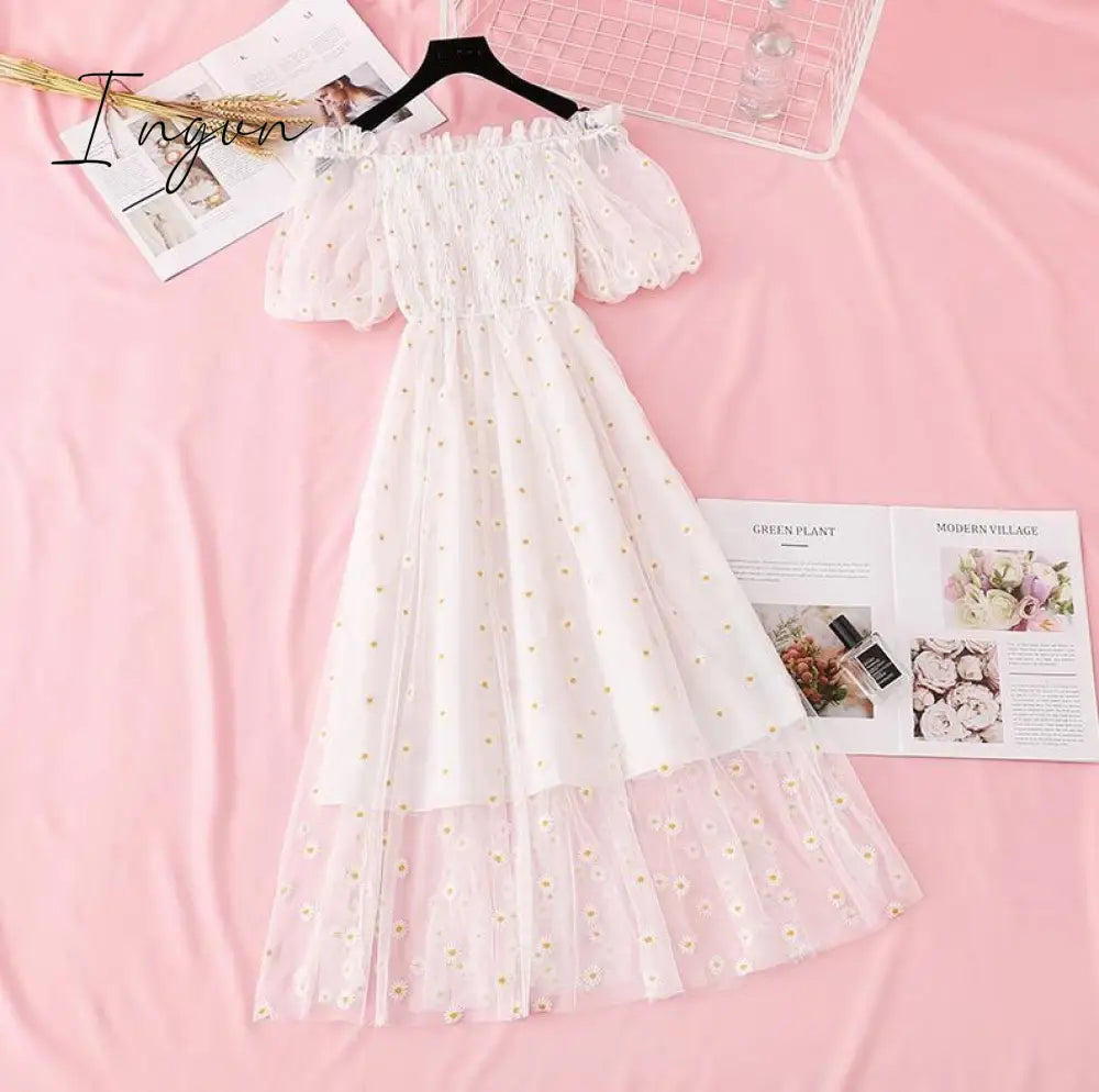 Ingvn - small daisies embroidery mesh dresses women sexy off the shoulder french vintage party ruffle dresses elegant vestidos