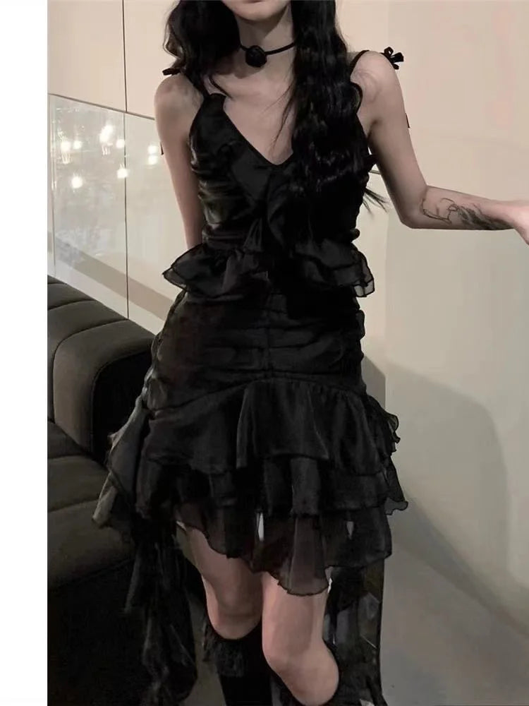 Japanese Sexy Dark Sleeveless V-neck Women Dresses Cascading Ruffles Asymmetrical Femme Robe Harajuku 2025 Summer Camisole Dress
