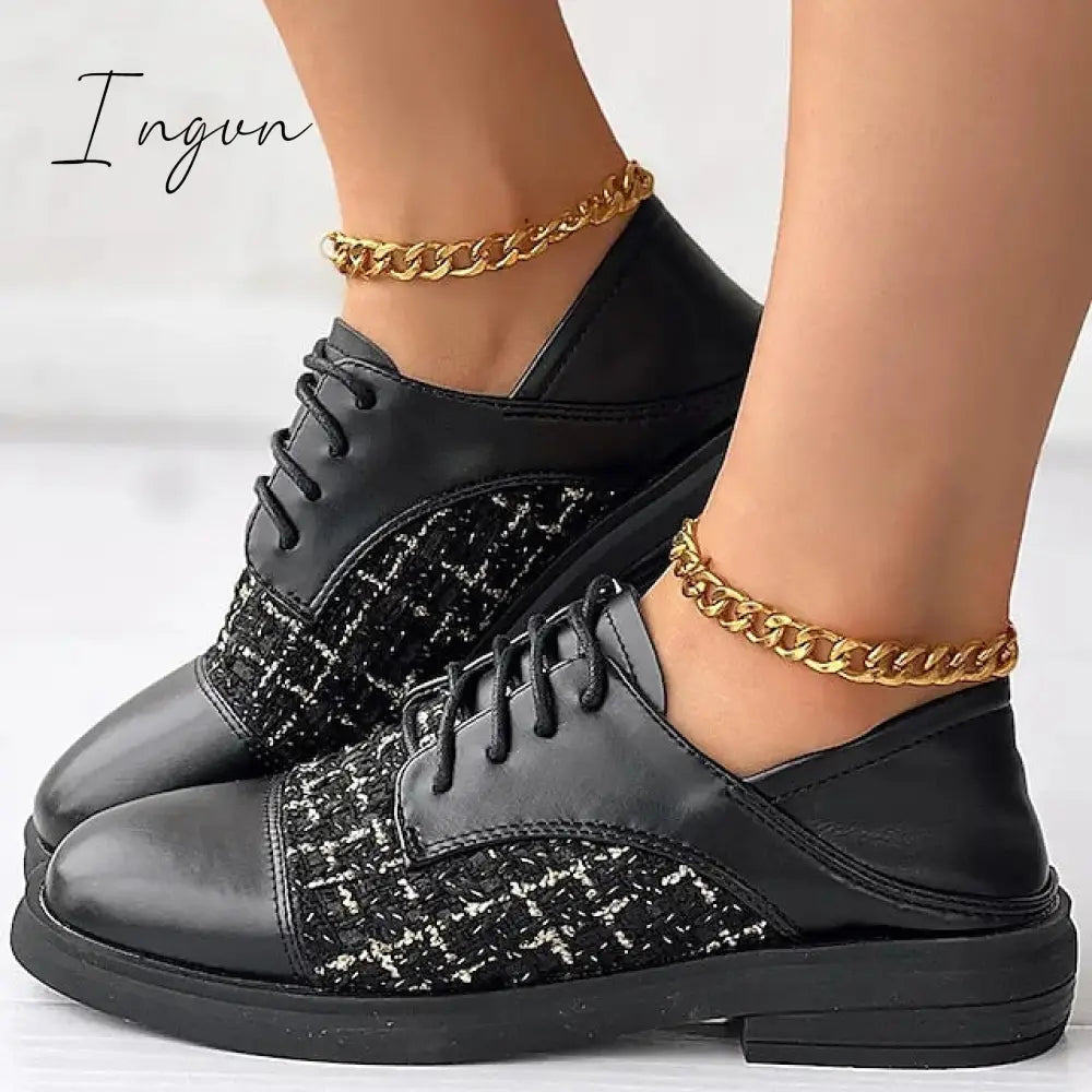 Ingvn - Women's Flats Oxfords Plus Size Wedding Office Work Winter Block Heel Chunky Heel Square Toe Fashion Business Elegant PU Loafer Plaid Black fleece beige fleece Black