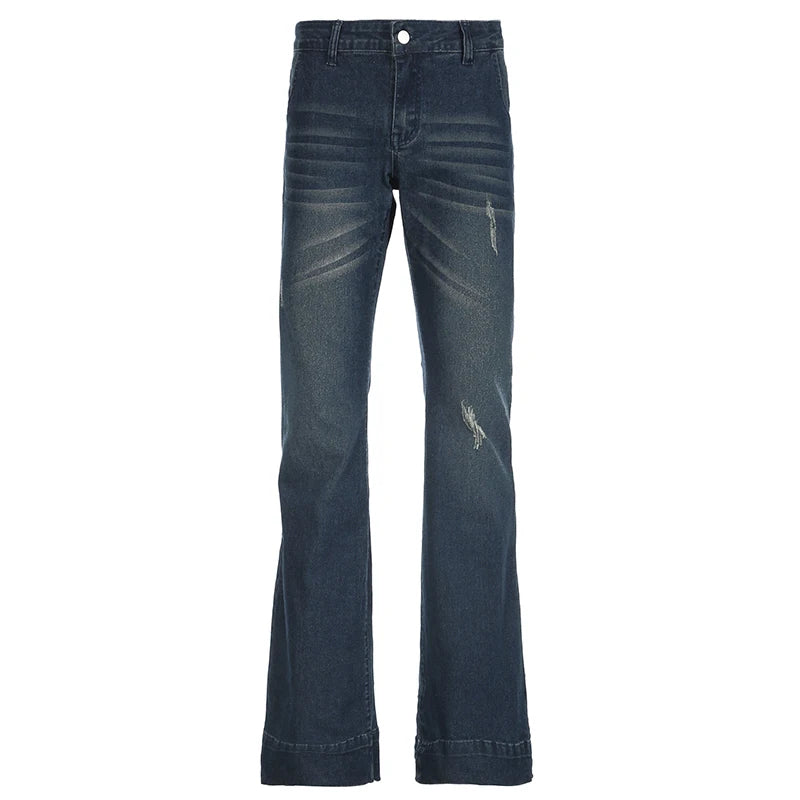 Blue Low Rise Flare Jeans Vintage 2000s Slim-fitting Denim Pants Korean Style Women Trousers y2k Distressed Mom Jeans 90s