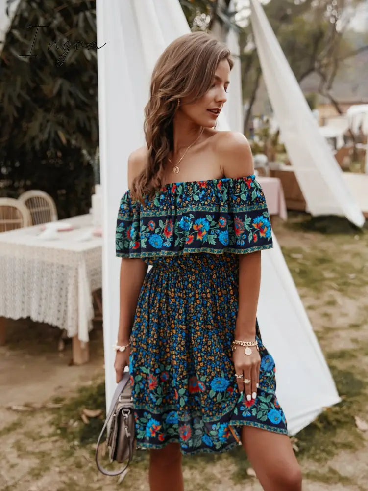 Ingvn - Bohemian Print Off-Shoulder Strapless Knee Length Dress
